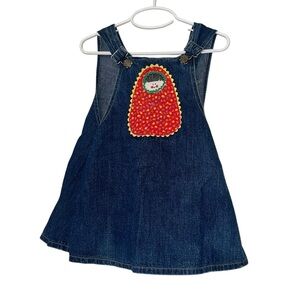 Zanna girls denim wrap overall dress with Red Matryoshka Patch sz 4 vintage